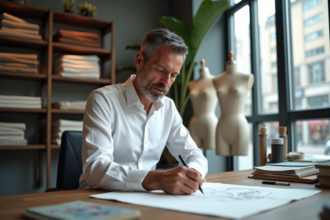 Designer homme en studio moderne en train de dessiner