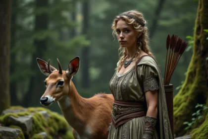 Jeune femme déguisée en Artemis dans la forêt mythique