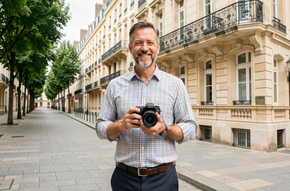 Didier photographe à Valenciennes posant devant les façades haussmanniennes du centre-ville avec son appareil photo