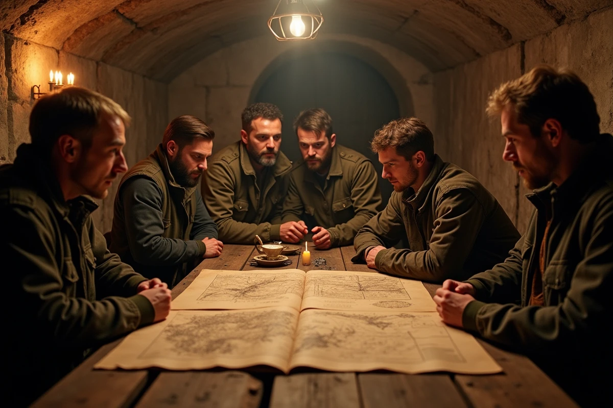 Groupe de révolutionnaires réunis autour de cartes secrètes dans un bunker souterrain, illustrant l'organisation révolutionnaire de Dragon Monkey D