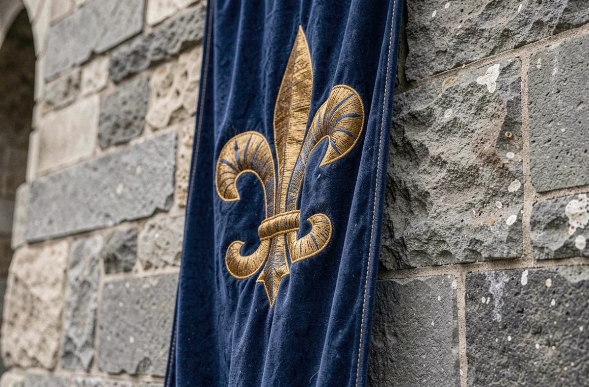 Drapeau royal français à fleurs de lys dorées sur velours bleu accroché à un mur de château en pierre ancienne