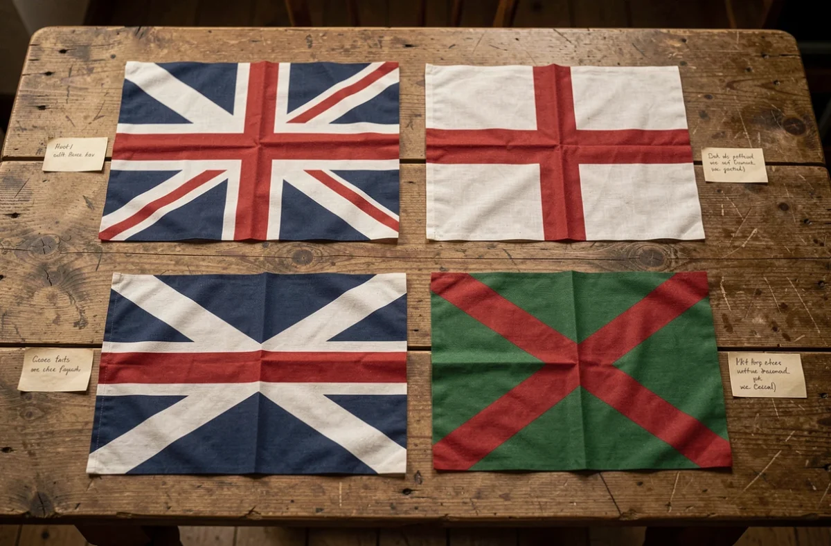 Présentation à plat des quatre drapeaux nationaux du Royaume-Uni incluant l'Union Jack, la Croix de Saint-Georges, le Saltire écossais et la Croix de Saint-Patrick
