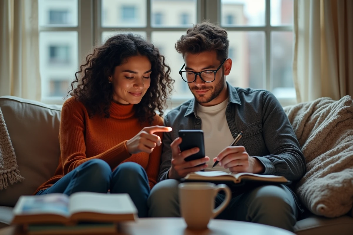 Deux lecteurs consultant un webtoon sur smartphone et prenant des notes, conseils pour bien débuter sur Manytoon