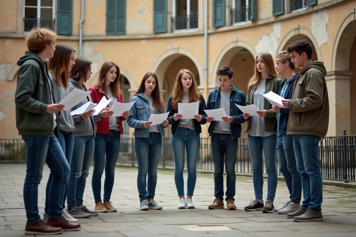 Groupe de jeunes élèves répétant les paroles de La Marseillaise dans une cour d'école française