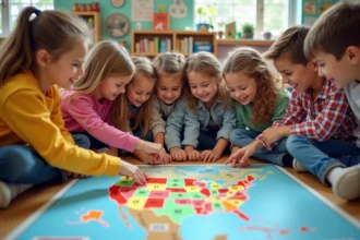 Groupe d'enfants autour d'une carte des États-Unis à l'école