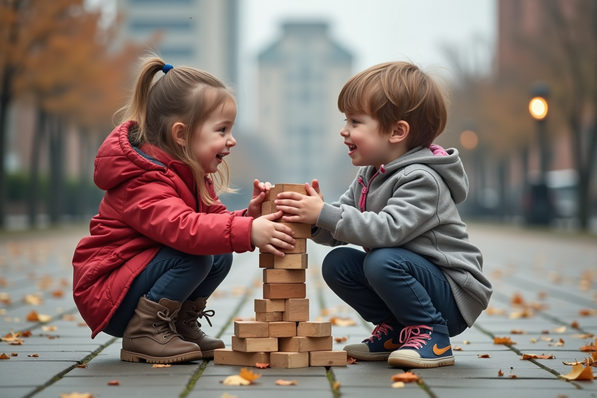 Deux enfants jouent avec des blocs en plein air dans une cour urbaine