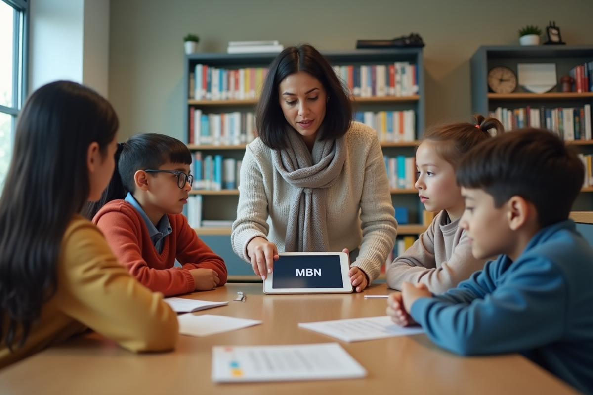 Professeure expliquant MBN à des élèves dans un centre media