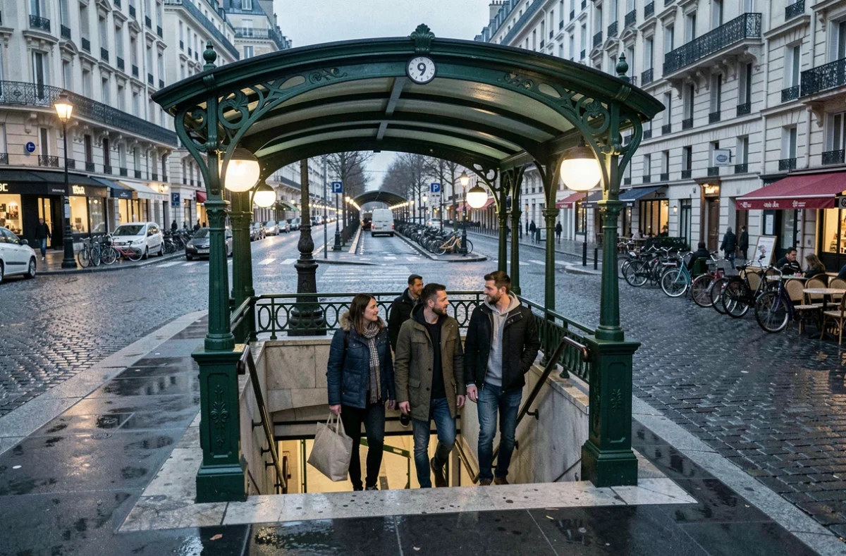Entrée extérieure d'une station de métro ligne 9 à Paris en soirée avec voyageurs et architecture Art Nouveau