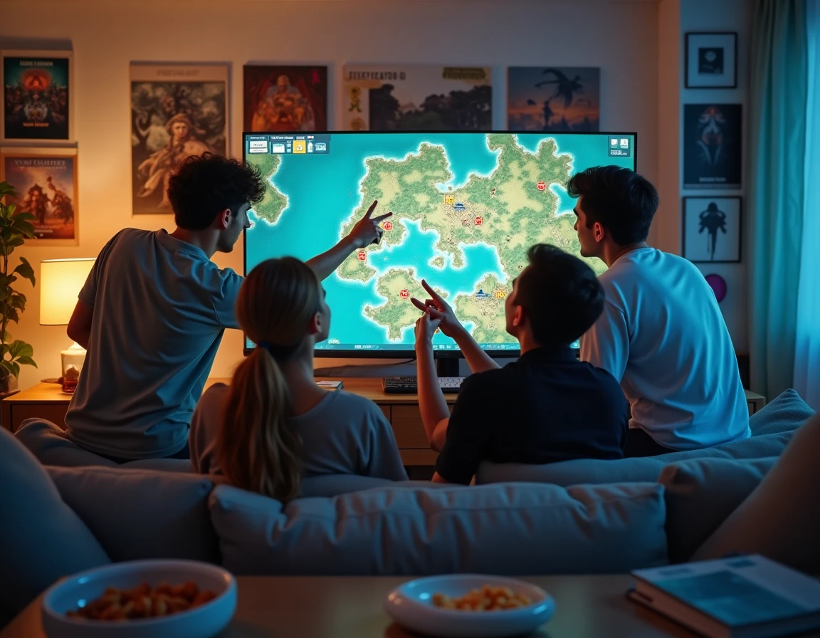 Groupe d'amis joueurs discutant en équipe d'une stratégie de portails sur une carte de jeu fantasy dans un salon