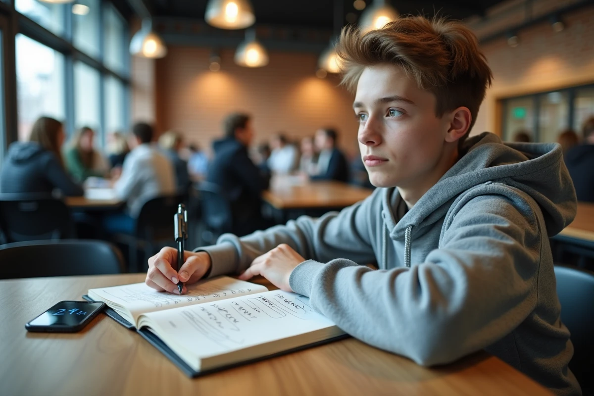 Étudiant consultant un tableau de conversion heure AM/PM vers format 24h dans un cahier scolaire avec un téléphone