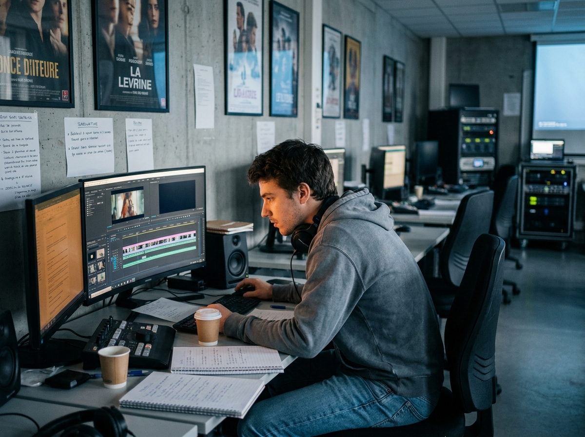 Étudiant en montage vidéo travaillant sur une timeline dans une salle de montage d'une école de cinéma lyonnaise