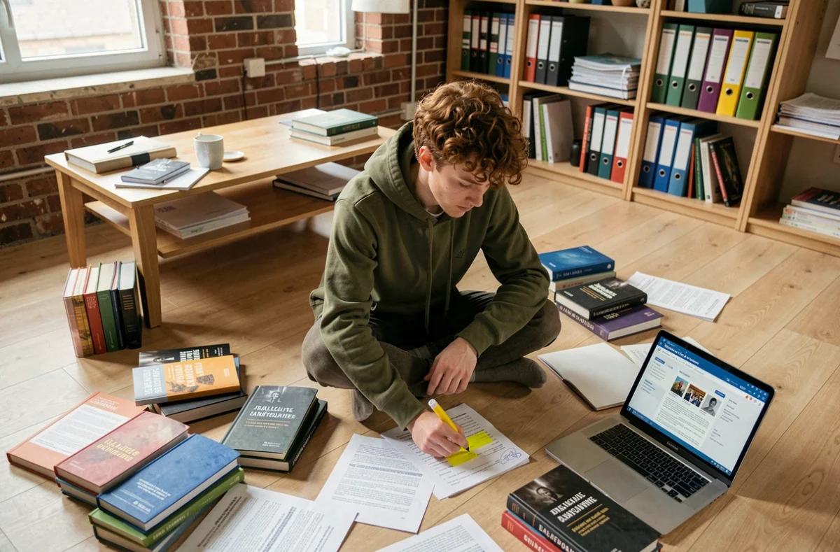 Étudiant en droit révisant l'article 1134 du Code civil entouré de manuels juridiques annotés