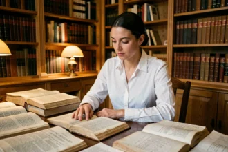 Étudiante en droit consultant le Code civil article 1134 dans une bibliothèque juridique traditionnelle