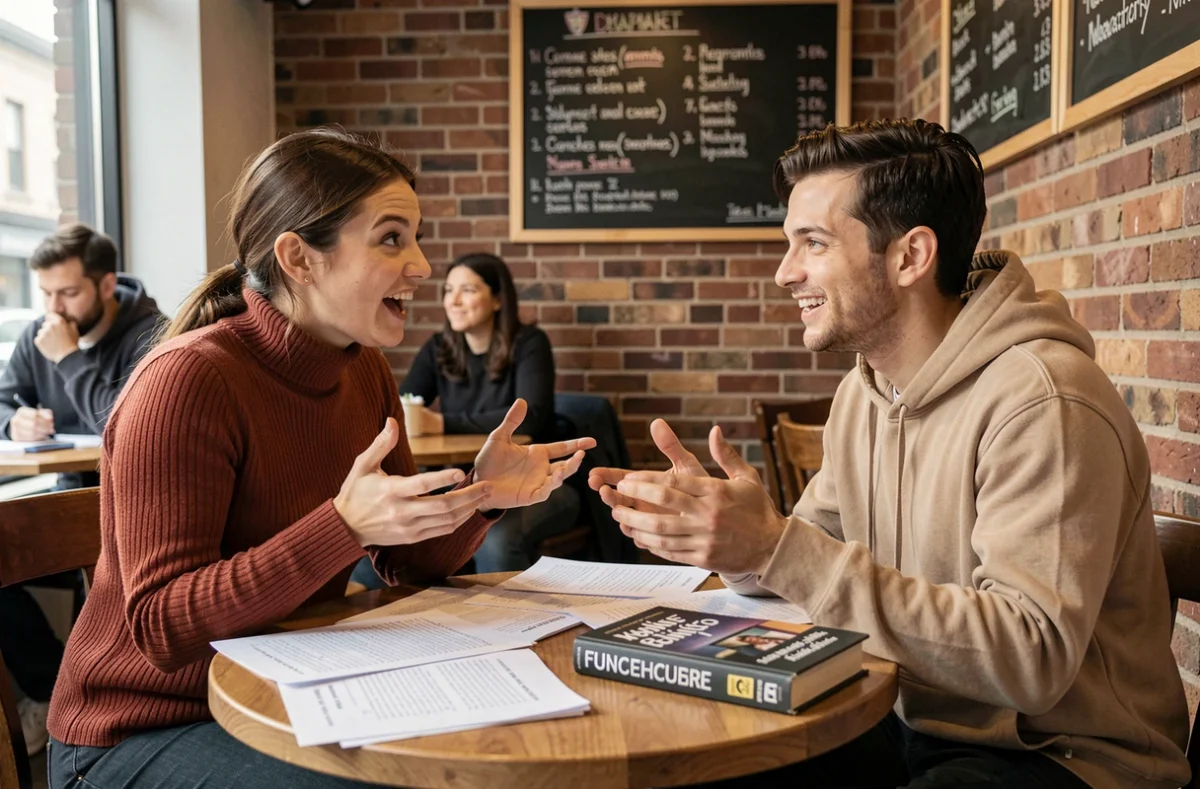 Deux étudiants discutant des emplois obligatoires et facultatifs de la préposition de autour de fiches de grammaire dans un café