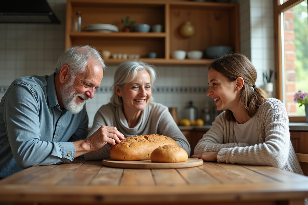 Famille autour d une table partageant un pain fait maison