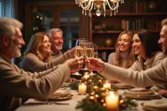 Famille multigénérationnelle portant un toast au champagne lors d'une réunion du Nouvel An autour d'une table festive décorée