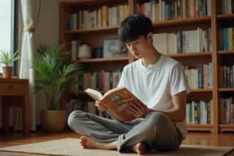 Fan de manga lisant un volume de One Punch Man dans un appartement japonais entouré de nombreux mangas