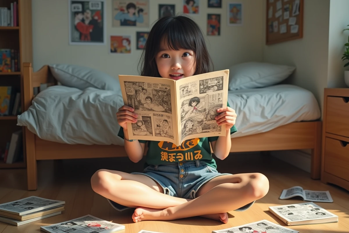 Adolescente fan de One Piece réagissant avec émotion à la lecture d'un scan manga dans sa chambre décorée de posters