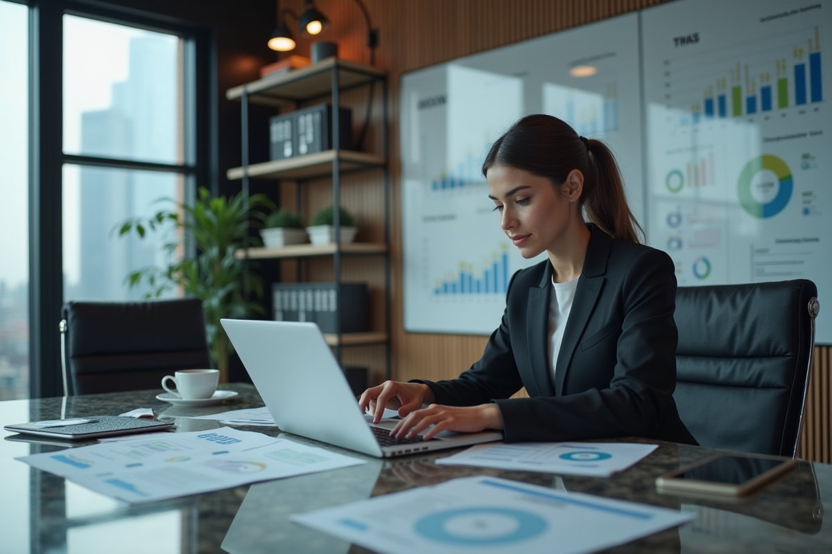 Jeune femme d affaires analyse des KPI bancaires sur son ordinateur