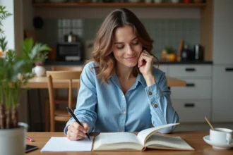 Jeune femme étudiant le français à la maison souriante