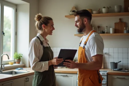 Femme architecte discutant avec un artisan dans une cuisine en rénovation