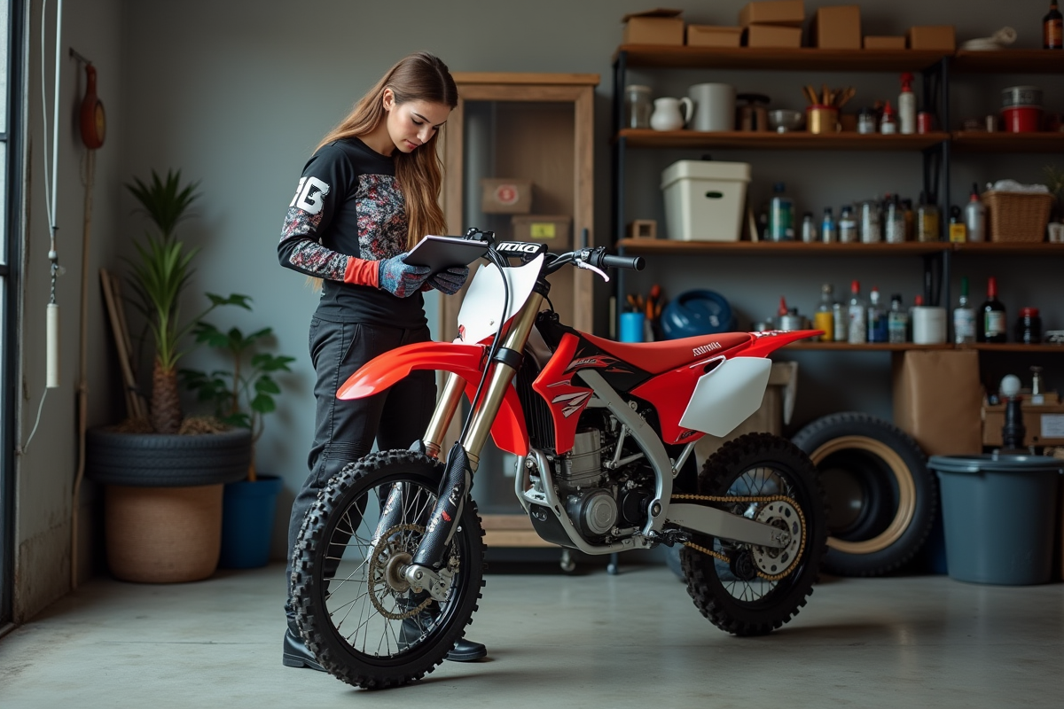 Femme inspecte une moto dans un atelier organisé