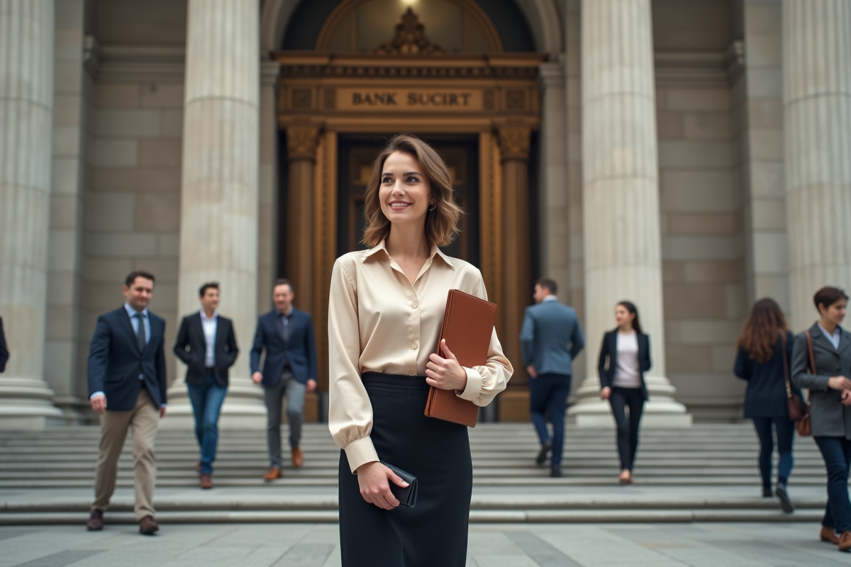 Jeune femme professionnelle devant une banque néoclassique