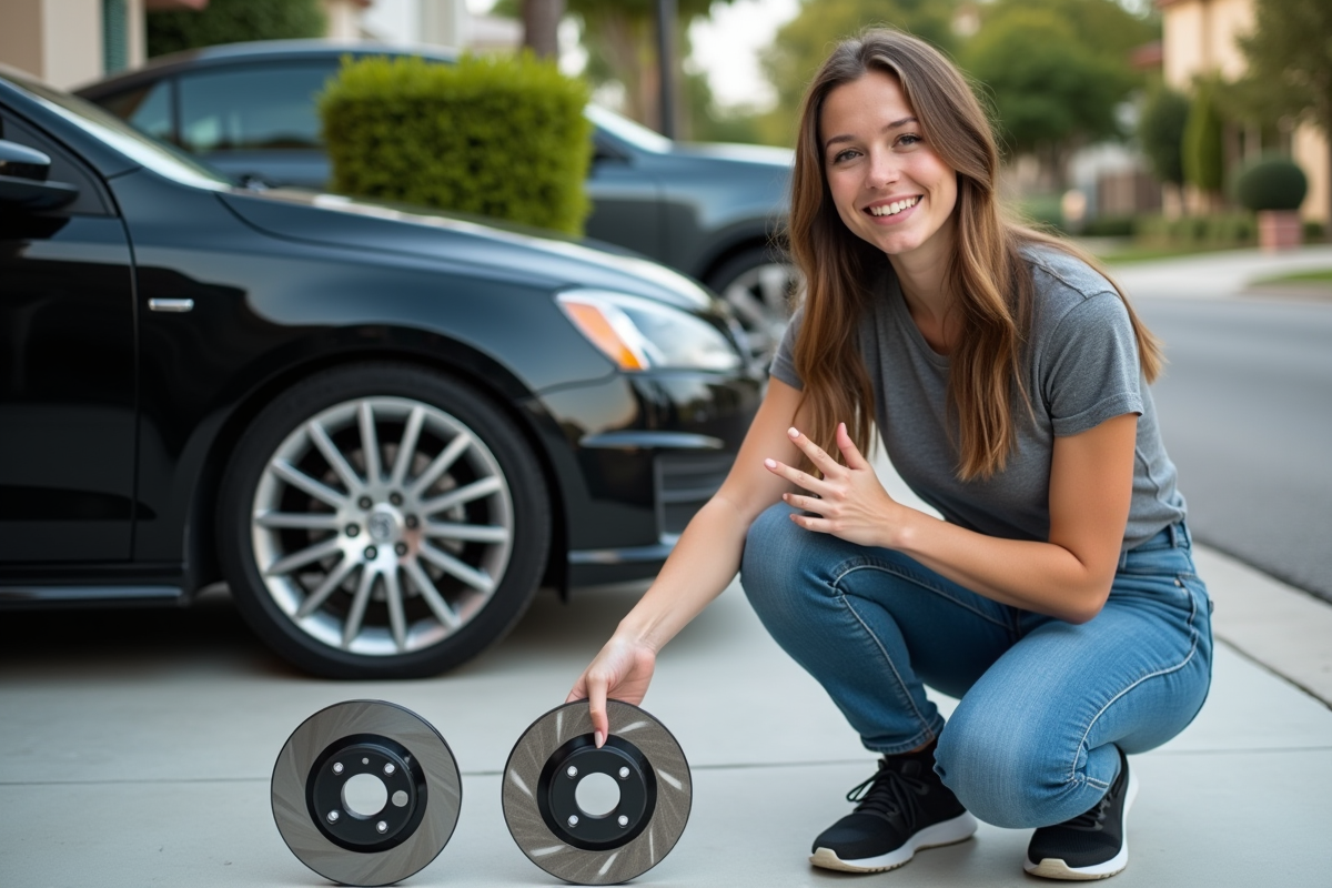 Jeune femme examinant un disque de frein sur une voiture