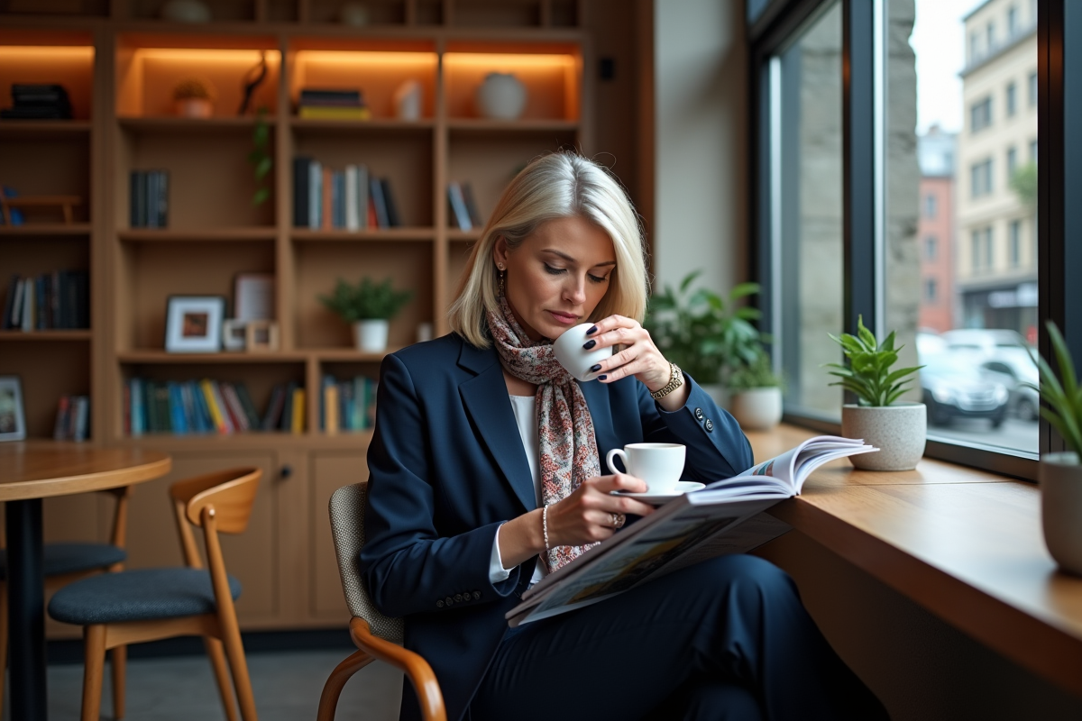 Femme confiante dans un café moderne en train de lire