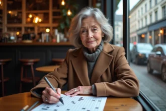 Femme concentrée lisant une grille de mots croises dans un café bruxellois
