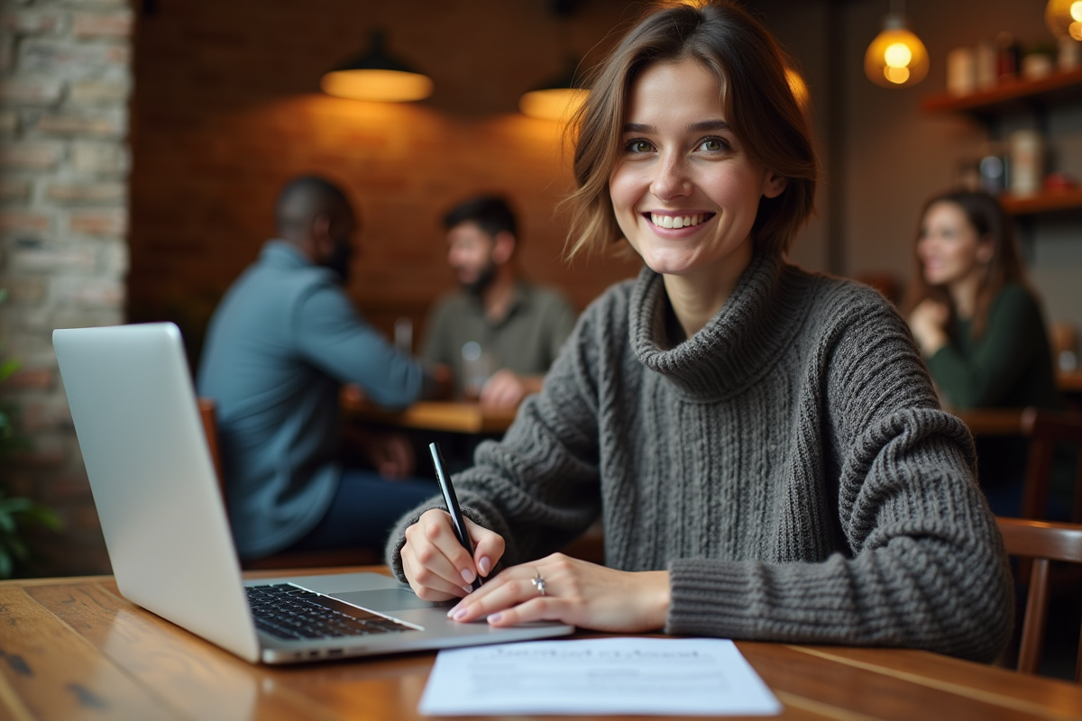 Jeune femme signant un document dans un café chaleureux