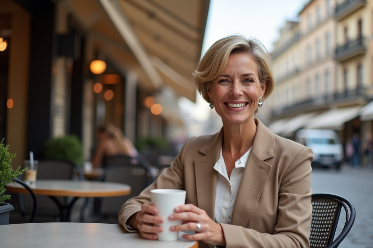 Femme française souriante au café en terrasse en ville