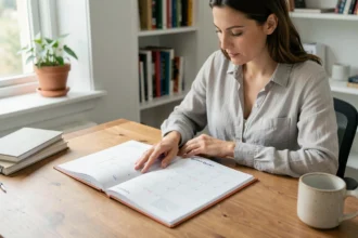 Femme organisant ses projets avec un calendrier trimestriel 2026 imprimé sur un bureau en bois dans un bureau à domicile