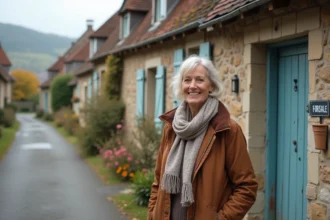Femme française souriante devant maison de campagne
