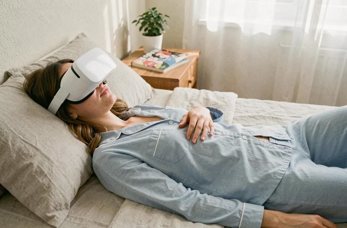 Femme allongée dans son lit avec un casque VR pour lire des scans de One Piece confortablement