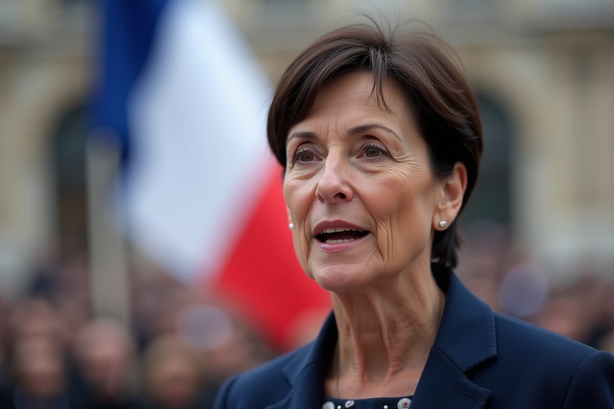 Femme chantant La Marseillaise lors d'une cérémonie civique en plein air devant un drapeau français