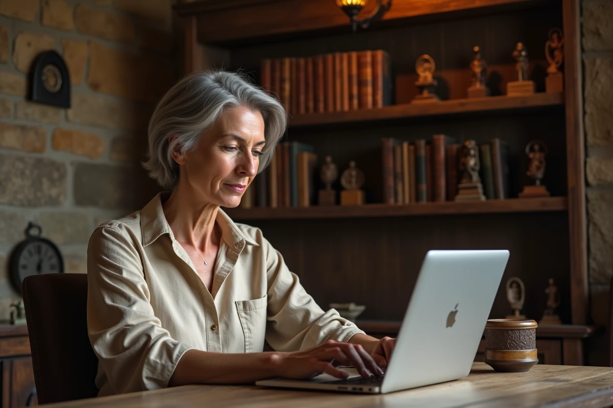 Femme consultant les archives du site Comptoir des Abbayes sur un ordinateur portable dans un bureau rustique aux murs en pierre