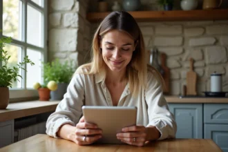 Femme corse utilisant une tablette dans une cuisine moderne