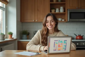 Femme souriante dans sa cuisine avec ordinateur et mots croises