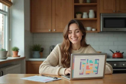 Femme souriante dans sa cuisine avec ordinateur et mots croises