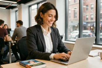 Femme en bureau tapant un email professionnel en espagnol sur son ordinateur portable avec un sourire naturel