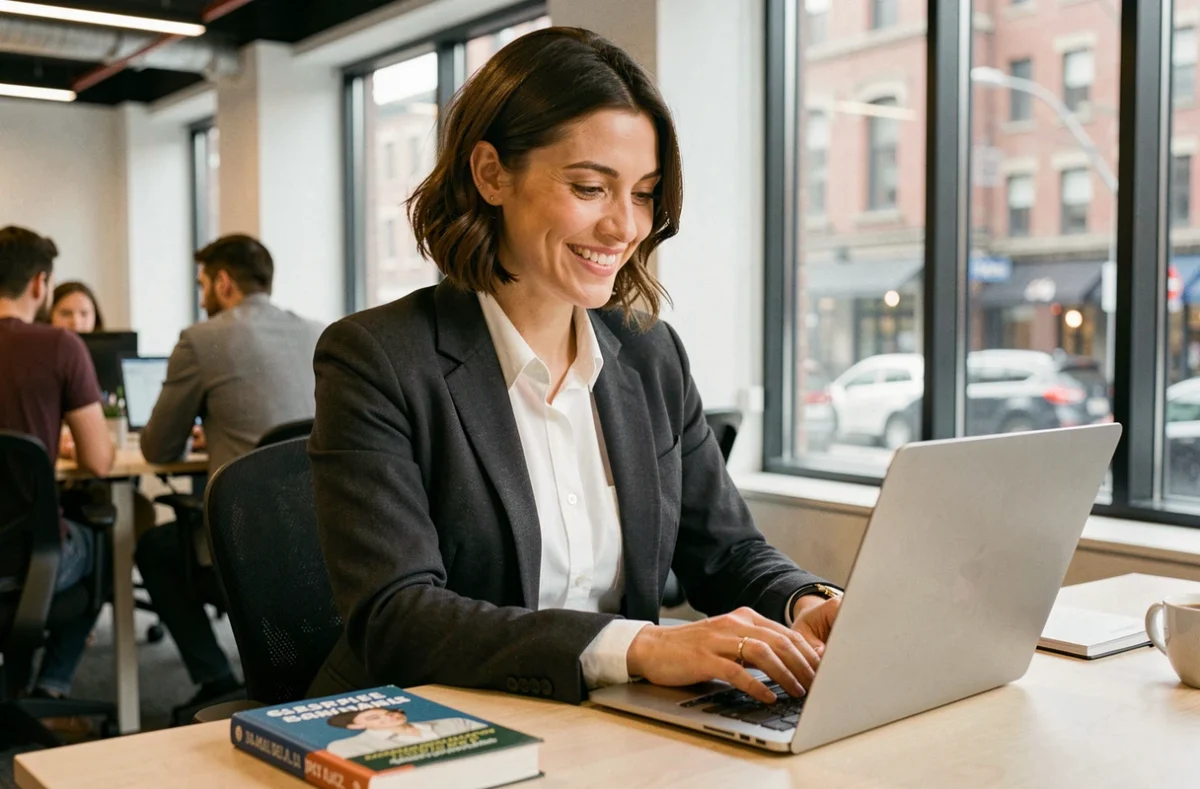 Femme en bureau tapant un email professionnel en espagnol sur son ordinateur portable avec un sourire naturel