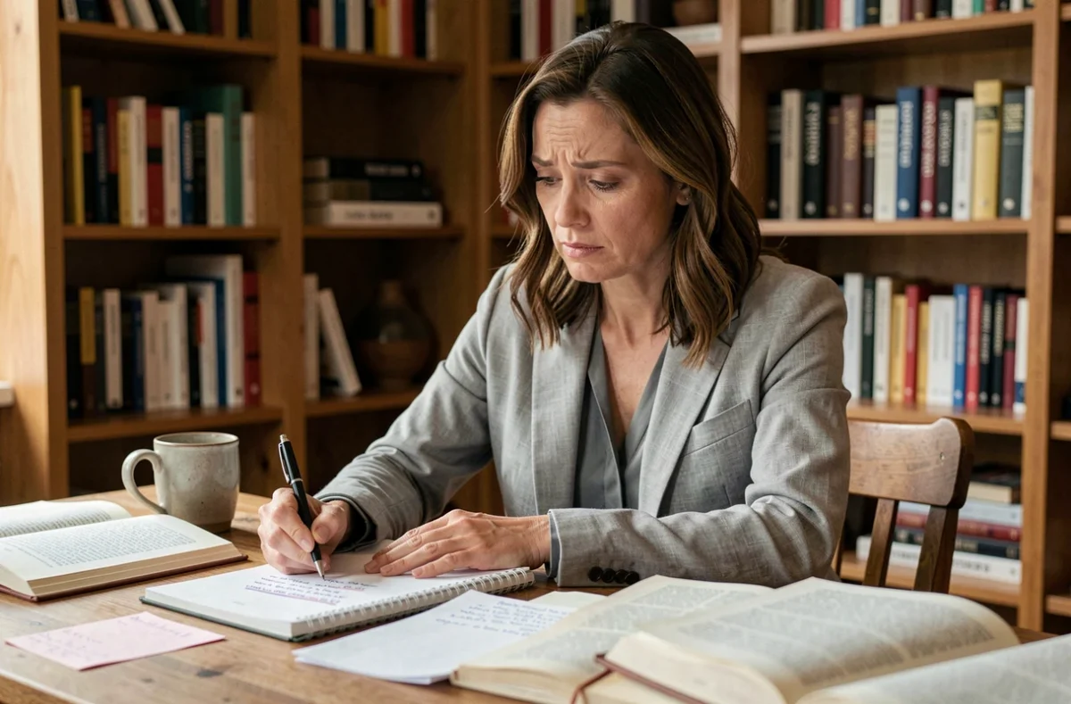 Femme étudiant la grammaire française avec des livres ouverts sur un bureau en bois, illustrant les emplois de la préposition de