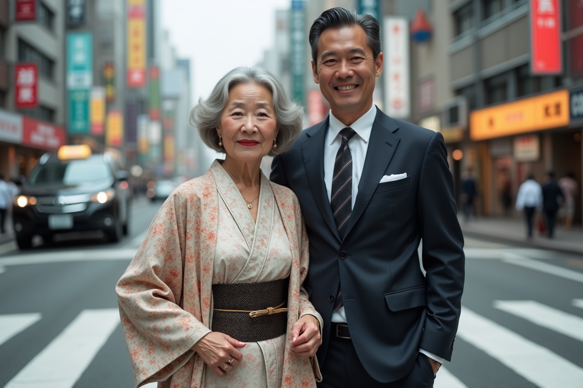 Femme et homme élégants posant dans la rue de Tokyo
