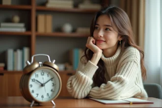 Jeune femme contemplant une horloge analogique affichant 01h10, heure miroir inversée, dans un intérieur cosy