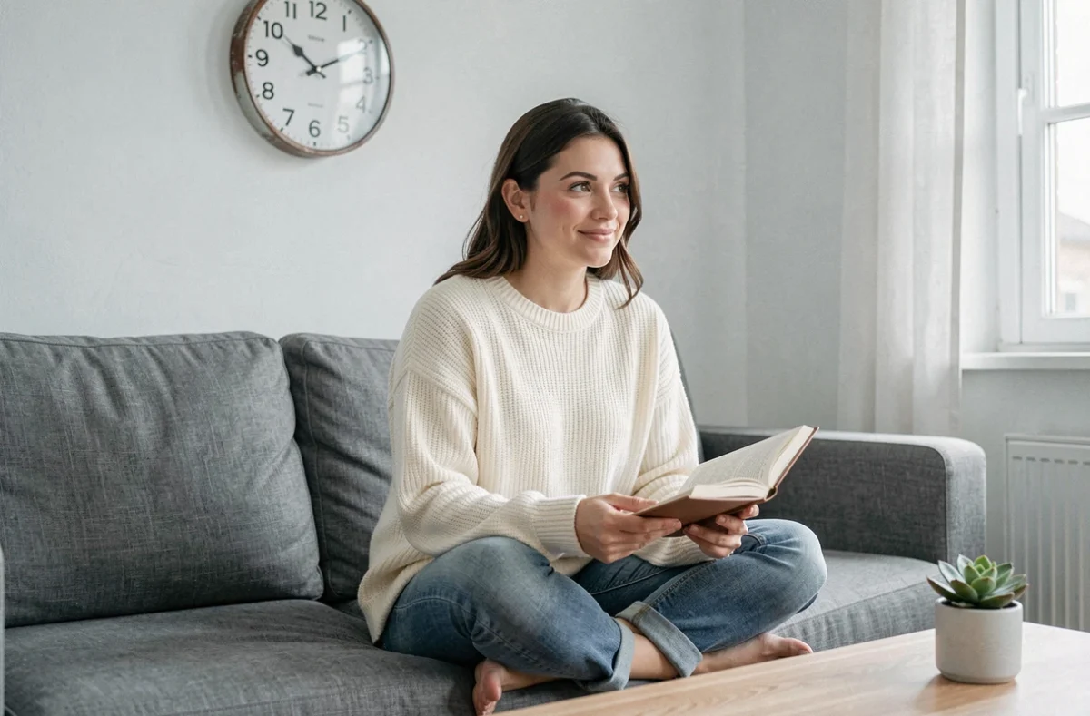 Jeune femme pensive devant une horloge affichant 18h18, journal ouvert, réflexion sur la signification spirituelle en amour