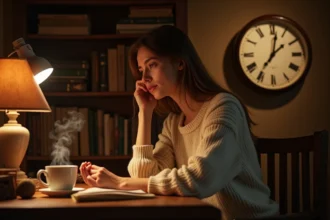 Jeune femme contemplant une horloge analogique affichant 23h23 dans un bureau chaleureux, symbolisant l'heure miroir et son sens caché