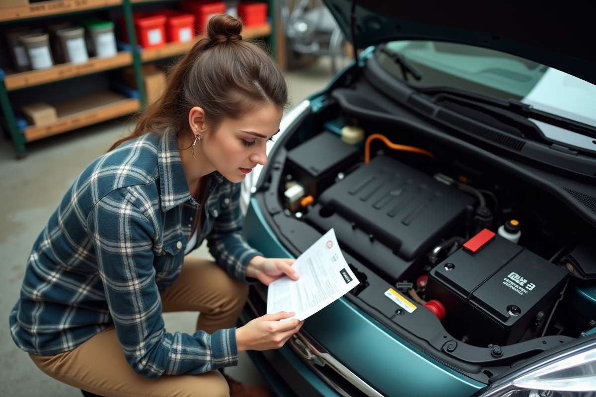 Jeune femme installant une batterie dans un garage organisé