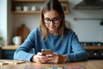 Jeune femme joue au Scrabble dans la cuisine moderne