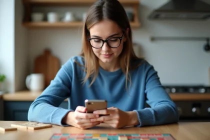 Jeune femme joue au Scrabble dans la cuisine moderne